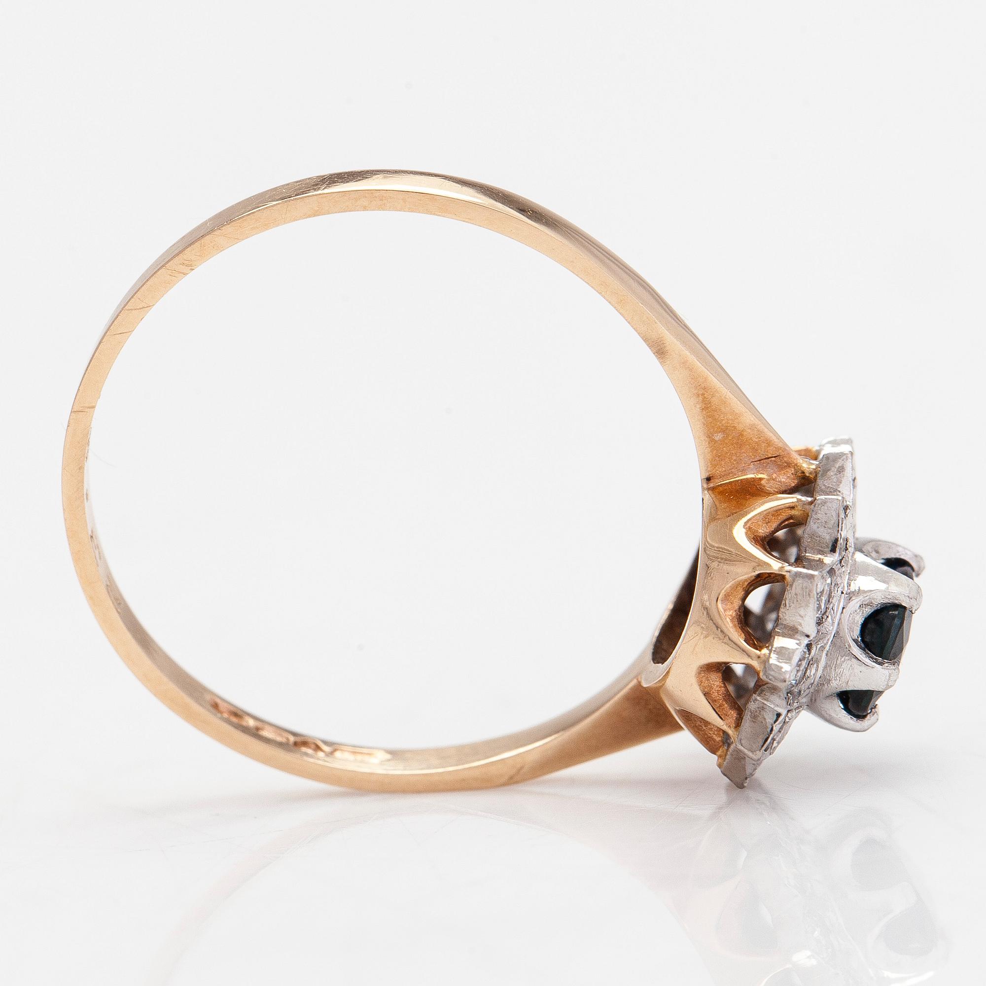 Ring, 14K guld med safir och diamanter tot. ca 0,12 ct. Kultakeskus, Tavastehus, 1994.