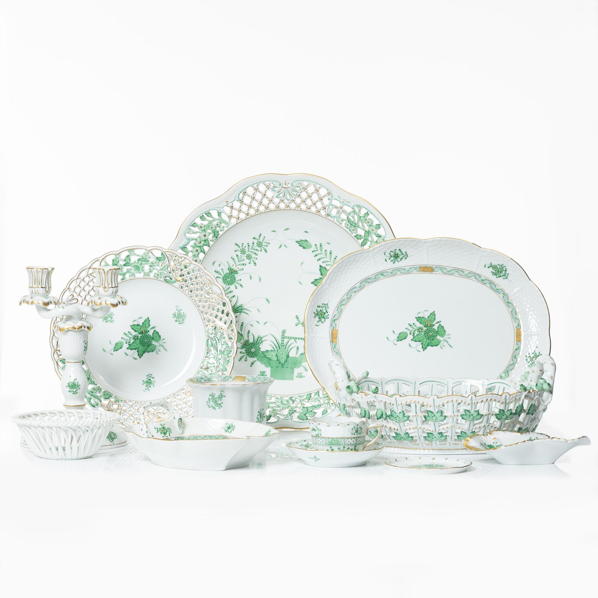 A 42-piece 'Chinese Bouquet' porcelain service and six 'Waldstein rose' coffee cups with saucers, Herend, Hungary.