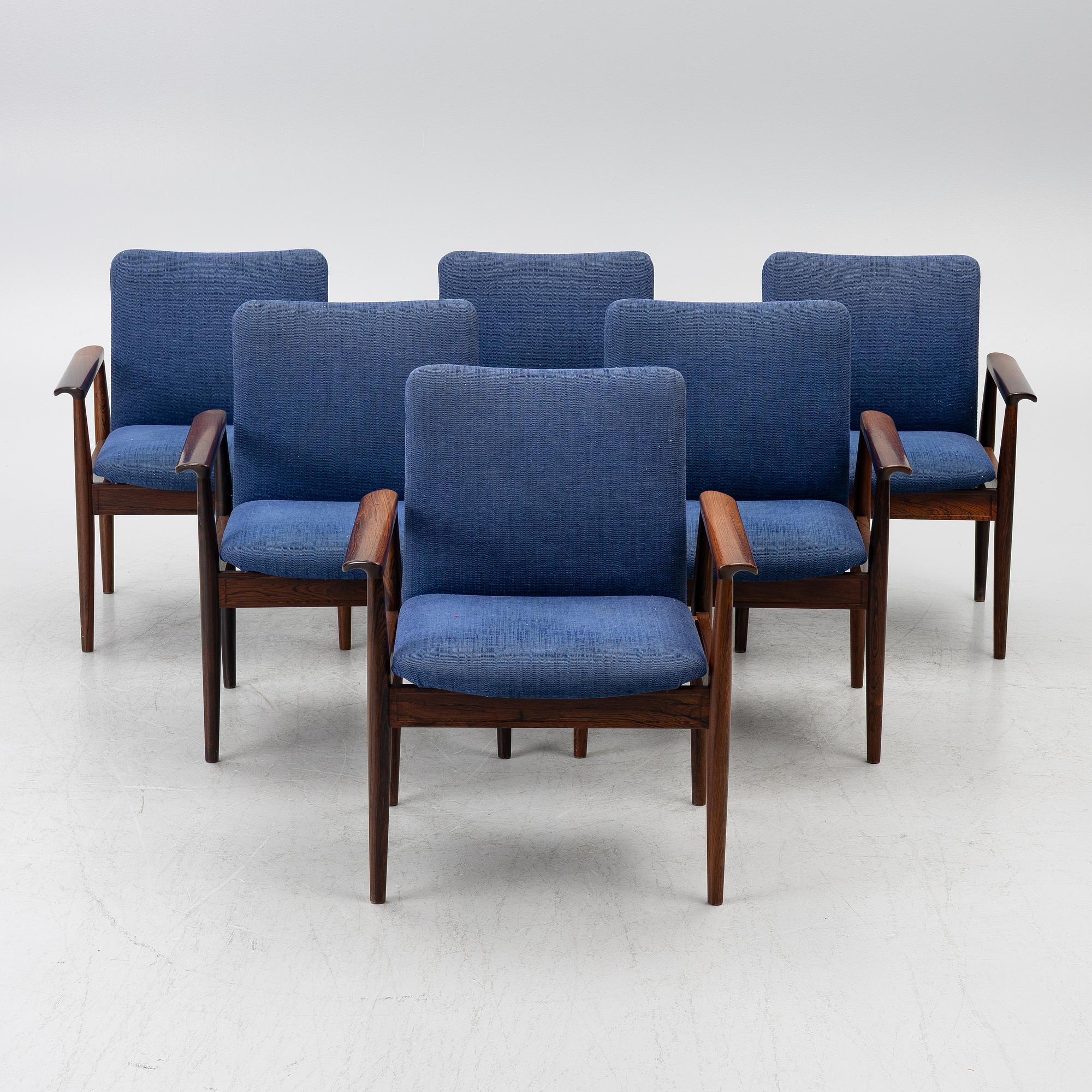 Finn Juhl, Armchairs, 6 pcs, "Diplomat", France & Son, Denmark, 1960s.