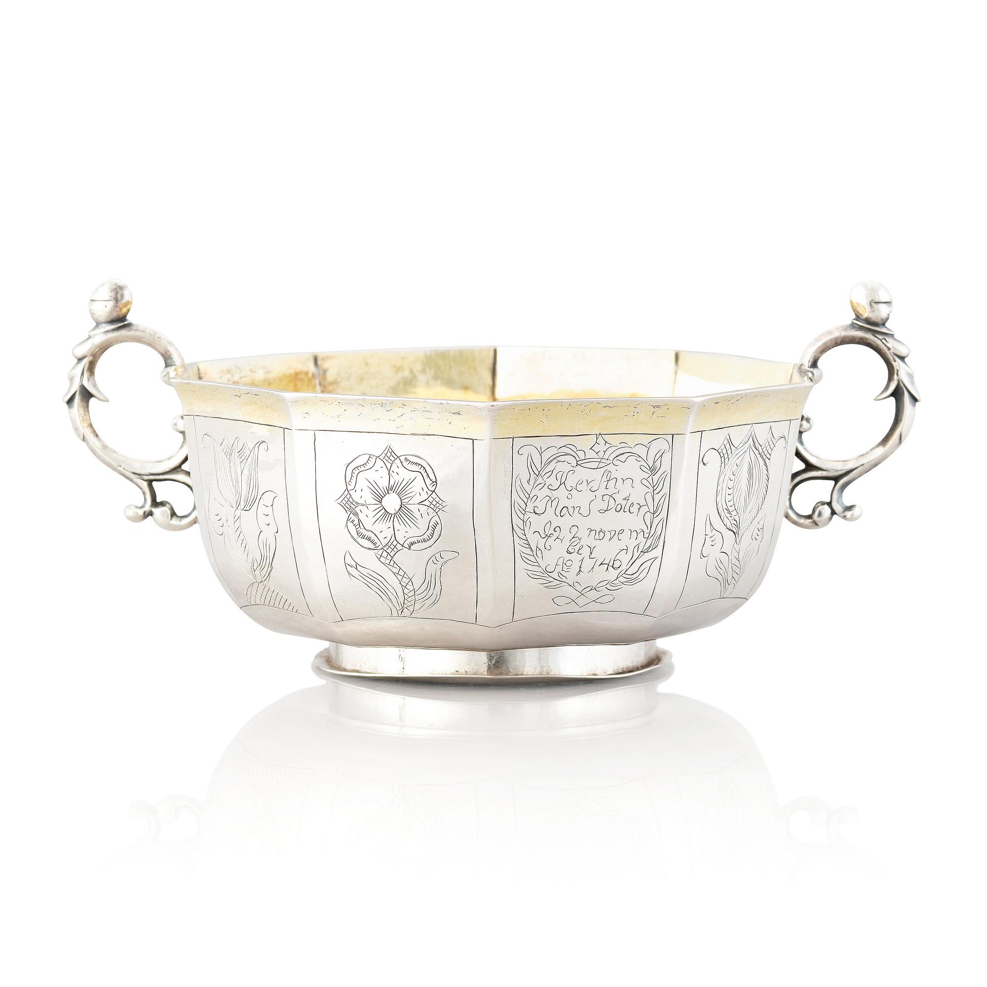 A Swedish Baroque parcel-gilt silver brandy-bowl, mark of Samuel Nordsten, Karlskrona, 1746.