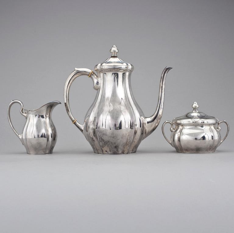 KAFFESERVIS, 3 delar, silver, troligen Tyskland. Vikt 1100 g.
