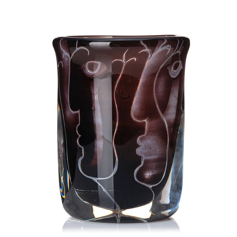 Ingeborg Lundin, an 'ariel' burgundy coloured glass vase decorated with faces, Orrefors Sweden 1972.