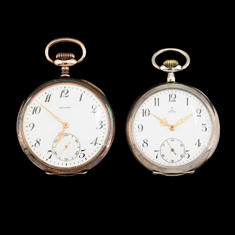 FICKUR, 2 st, silver, Omega och Zenith, 1900-talets första hälft.