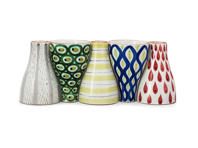 A Stig Lindberg faience vase/candlestick, "Snurran", Gustavsberg studio 1940's.