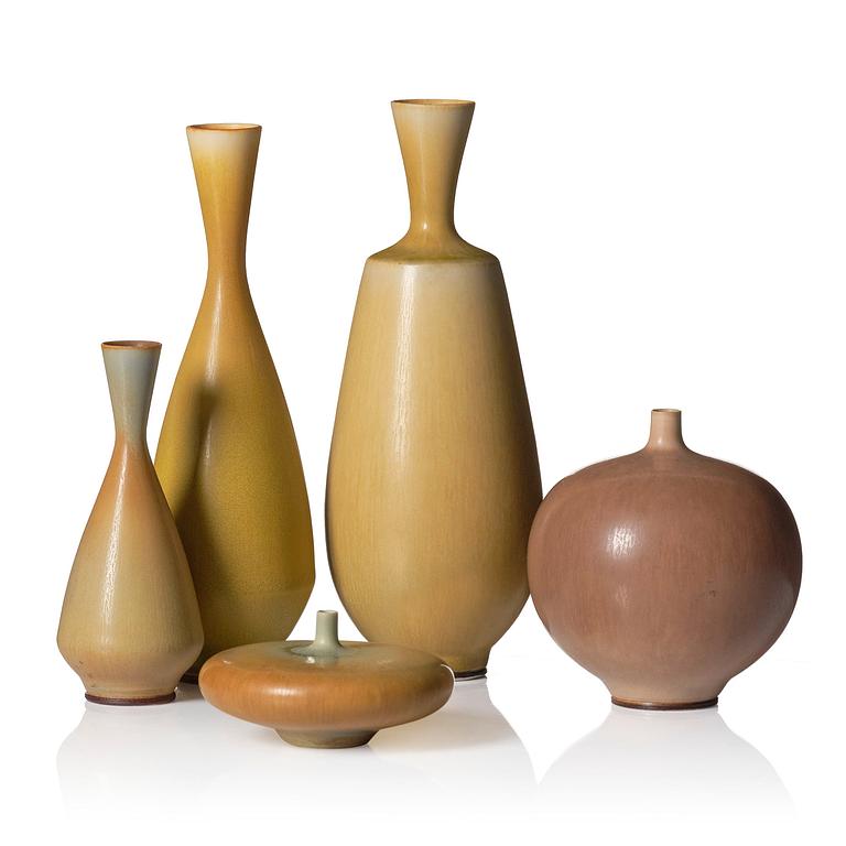 Berndt Friberg, a set of five stoneware vases, Gustavsberg studio, Sweden 1956-65.