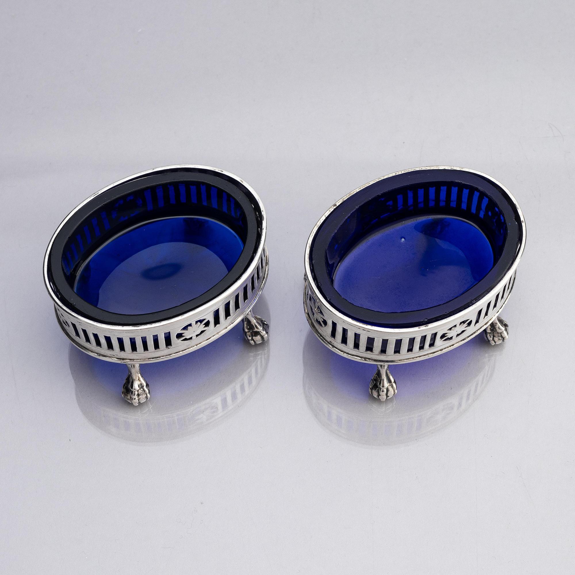 A pair of Swedish silver and glass salt cellars, marks of Arvid Floberg, Stockholm 1785.