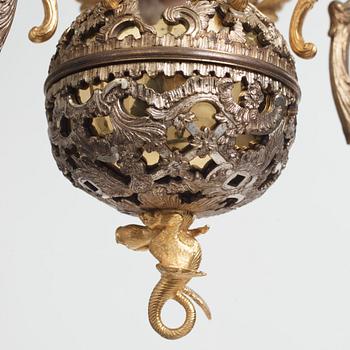 Carl Edberg's Masterpiece, a Swedish rococo silvered and gilt-brass six-light chandelier, circa 1755.