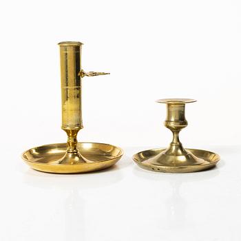 Candelabra, 4 pcs, and a chamberstick for two candles, brass, 19th century.