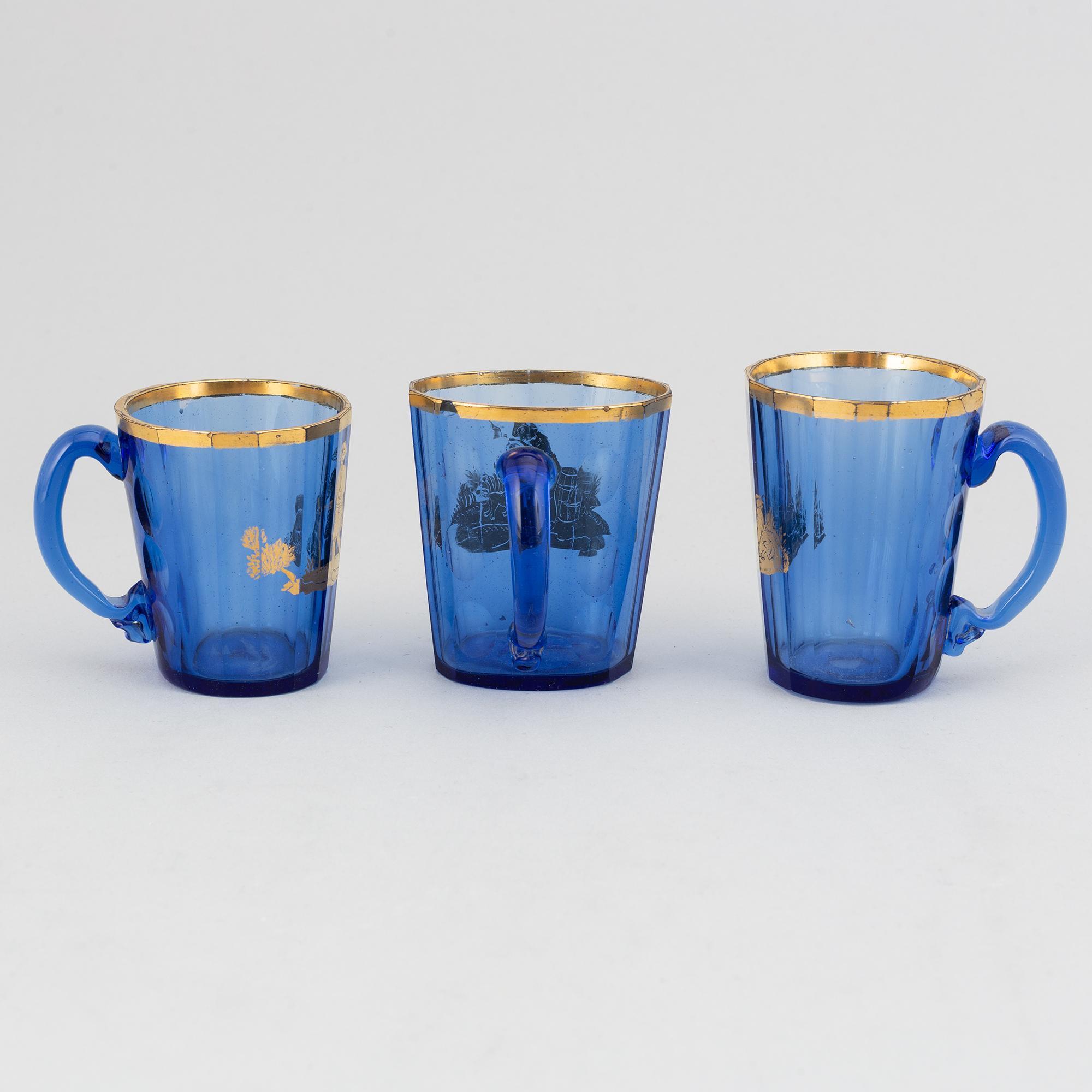 Teglas, 6 st, blått glas, gulddekor, tidigt 1900-tal.