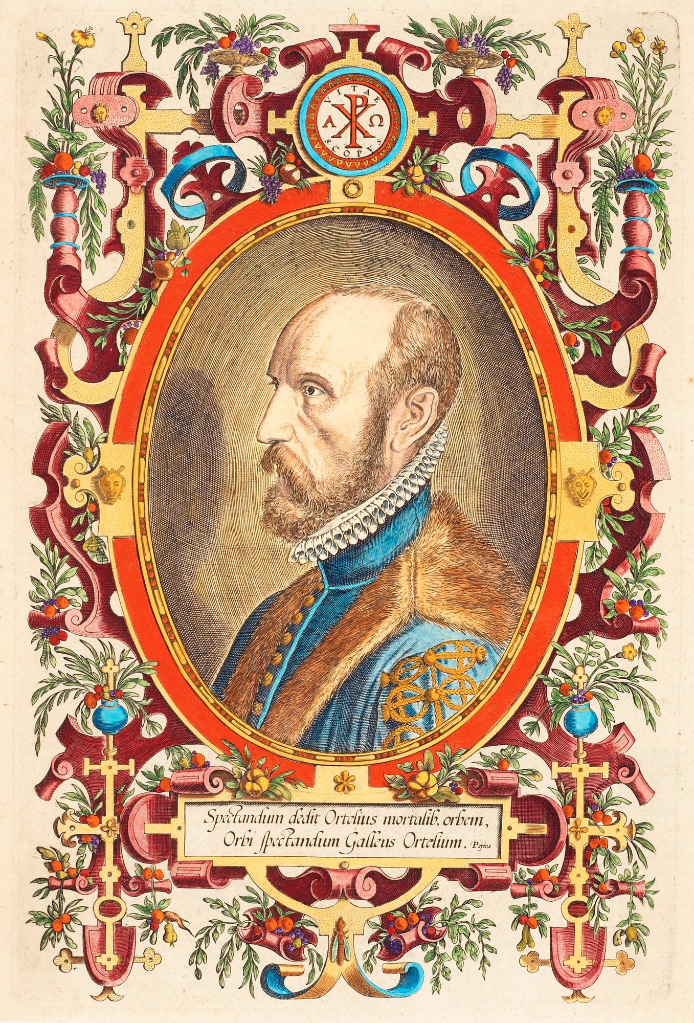 Abraham Ortelius, Ur: Theatrum Orbis Terrarum" (6). Världskarta, Europa, Asien, Afrika, Amerika samt porträtt. 1579.
