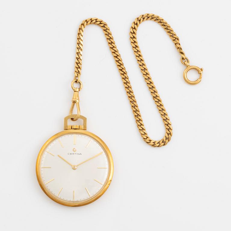 Certina, 18Kpocket watch with chain in 18K gold, 40 mm.