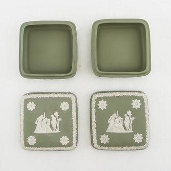 A collection of boxes, plates, and a vase 9 dlr mostly Wedgwood England 20th century jasperware.