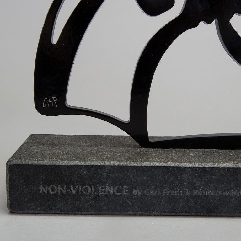 CARL FREDRIK REUTERSWÄRD, culpture, black painted steel on base of stone, signed CFR and numbered 2/50.