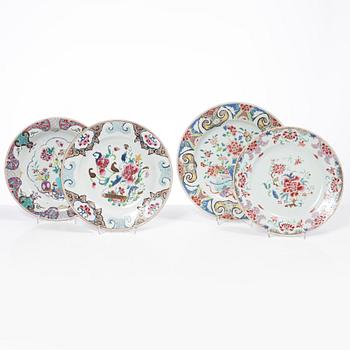 A famille rose dish and 3 plates, Qing dynasty, 18th century.