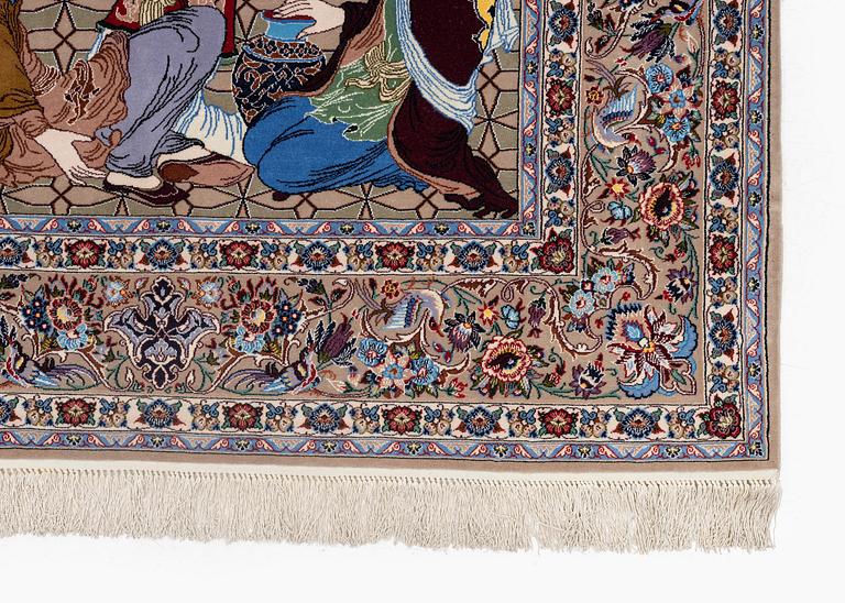 A pictoral Isfahan rug, part silk, c. 241 x 155 cm.