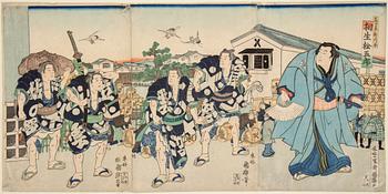 UTAGAWA KUNITERU (1808-76), triptyk, color woodblock print. Japan, 1869. "The sumo wrestler Aioi".