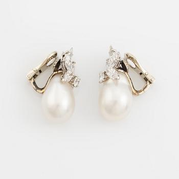 Van Cleef & Arpels a pair of earrings with drop-shaped cultured pearls and marquise and round brilliant-cut diamonds.