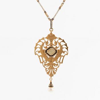 A C Giuliano 18K gold and enamel necklace set with a  faceted tourmaline and a pearl.