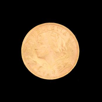 GOLD COIN, 20 fr, Switzerland 1935. Weight ca 6,5 g.