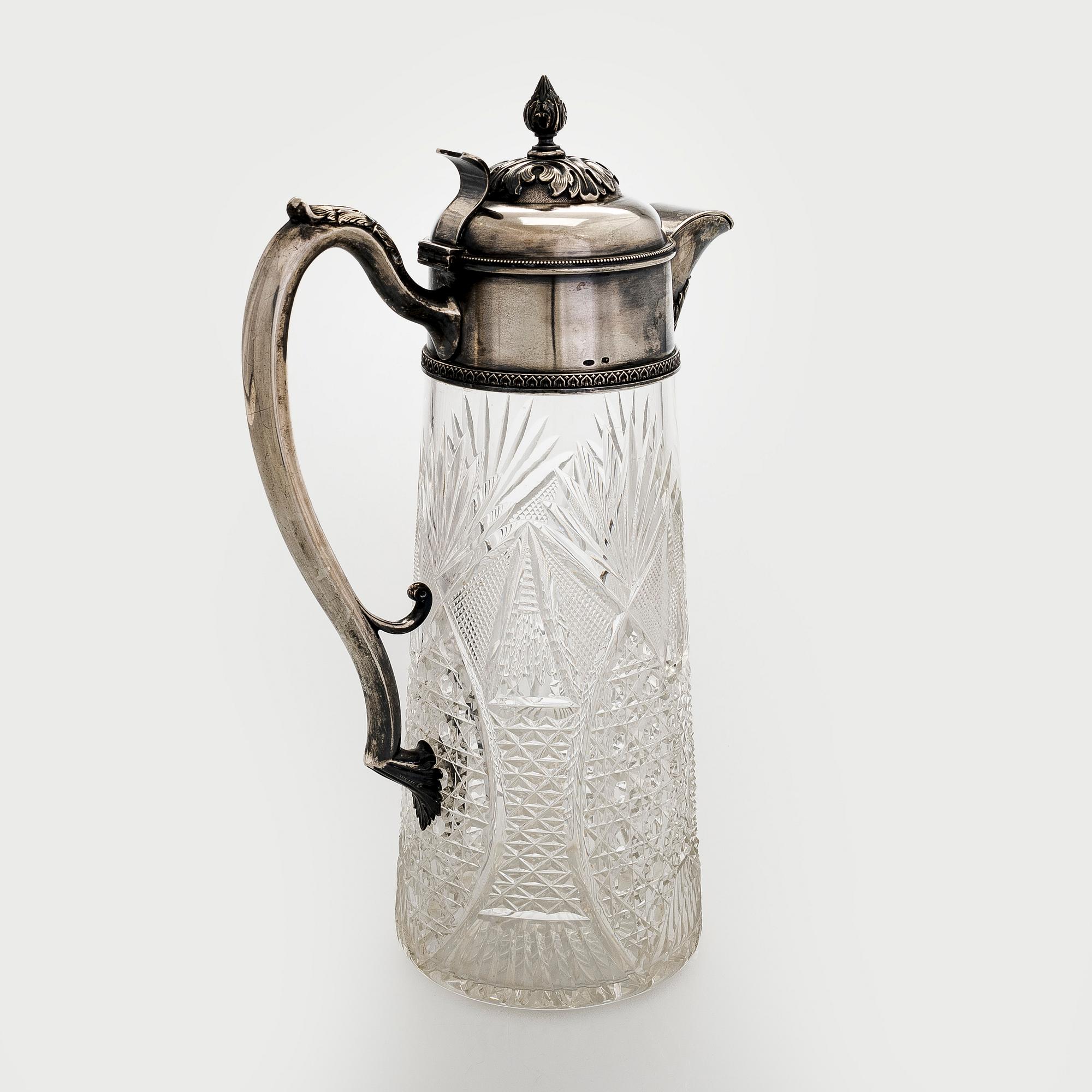 A silver mounted cut glass ewer, St. Petersburg, around year 1900.