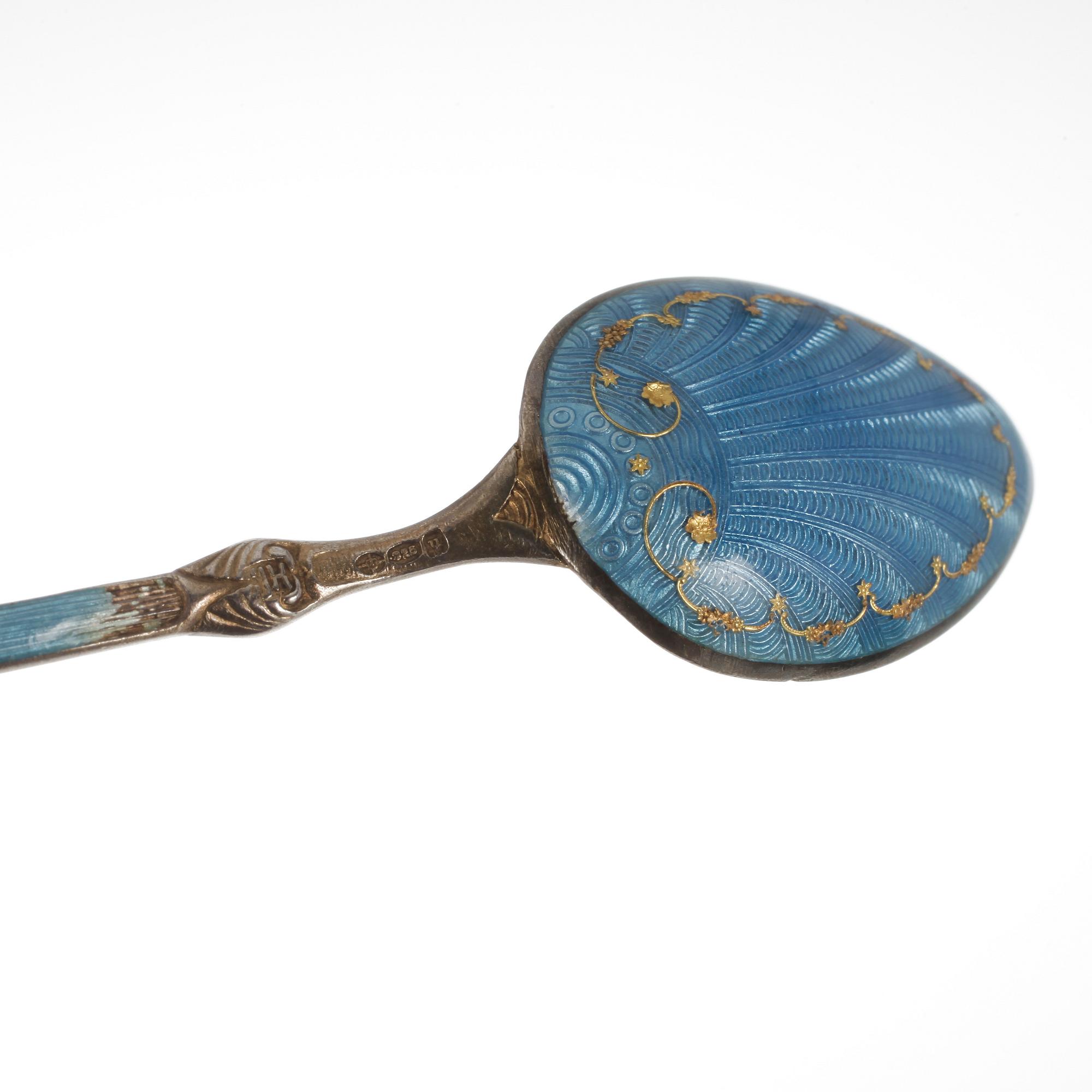 KAFFESKEDAR, 6 st, silver och emalj, utländska stämplar.