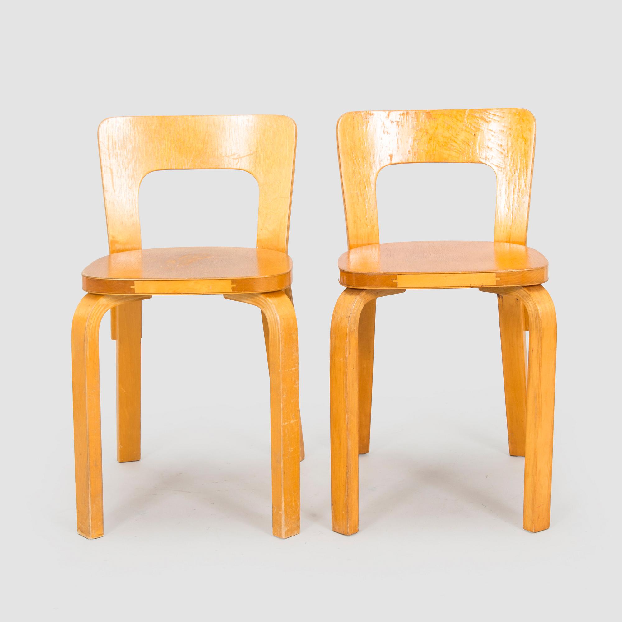 Alvar Aalto, two 1940s 'A65' chairs for O.Y. Huonekalu- ja Rakennustyötehdas A.B.