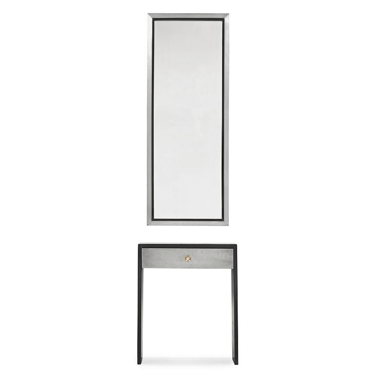 A Swedish modernist  black lacquered and pewter wall mirror and table, 1930's.