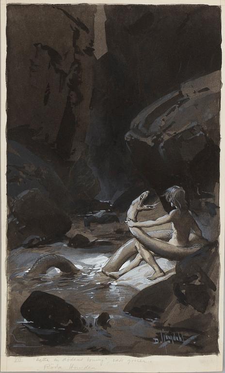 DAVID LJUNGDAHL, illustrationer, 8 st, tusch och täckvitt, signerade D. Ljungdahl. "Den andra djungelboken".