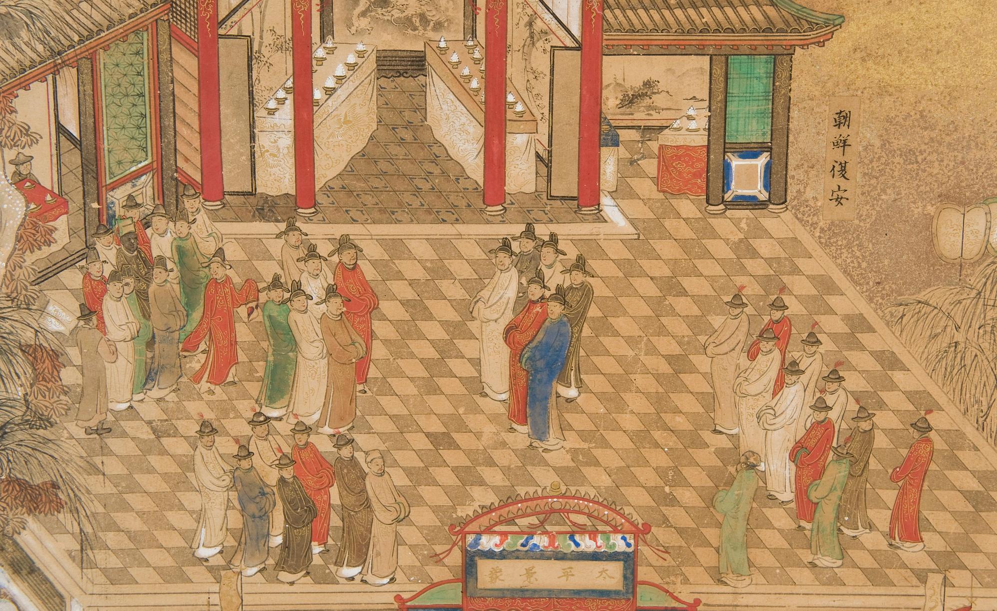 VIKSKÄRM, sex delar, tusch och akvarell på papper. Okänd Japansk konstnär, troligen 1600-tal.