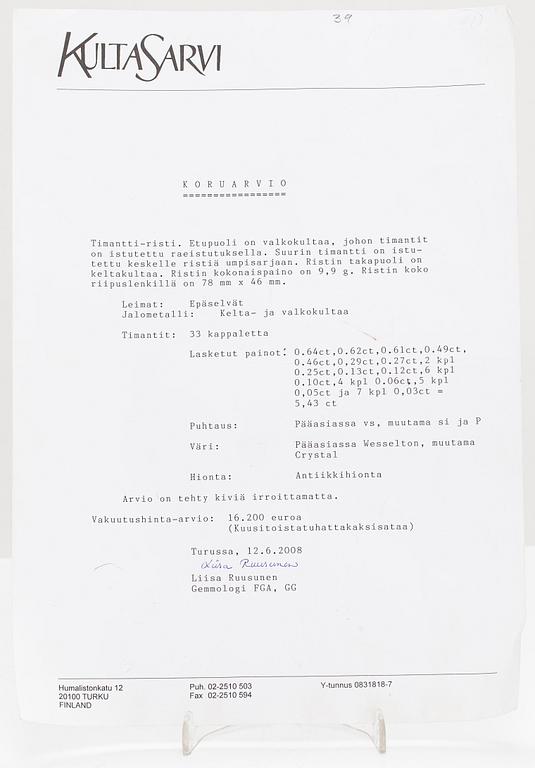 An 18K gold cross pendant with old-cut diamonds ca. 5.43 ct in total. With certificate.