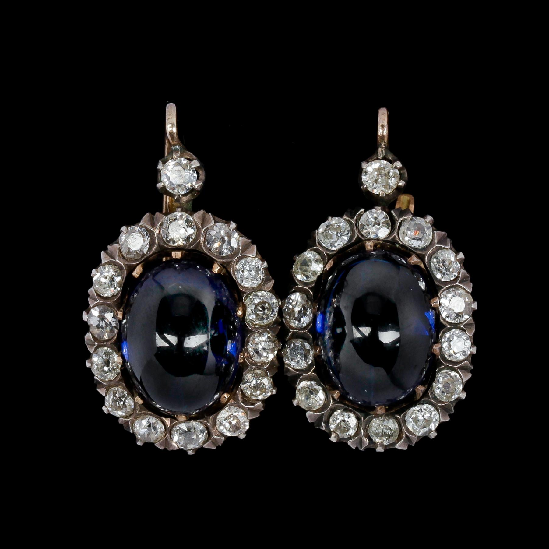 EARRINGS, antique cut diamonds, tot. app. 2.50 cts, set with blue glass stones.