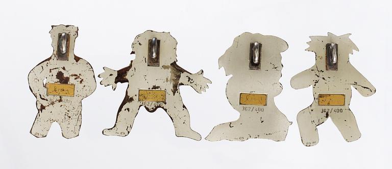 A set of four Enrico Baj sterling and enamel pendants. Signed Baj 362/400.