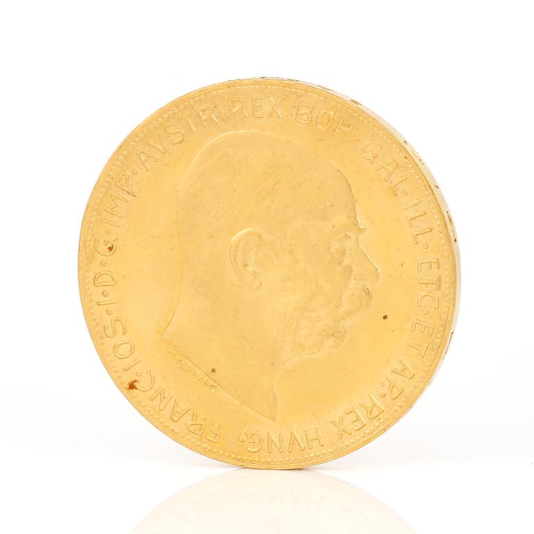 GULDMYNT, 100 Corona, Kejsarriket Österrike-Ungern, 1915. Vikt ca 33 gram.