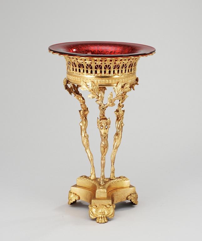 A centerpiece in bronz and glas, 19/20 th century.