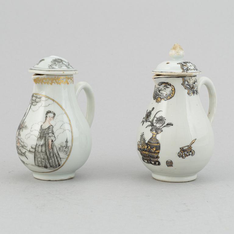 Two grisaille export porcelain pots  with covers, Qing dynasty, 18th century.