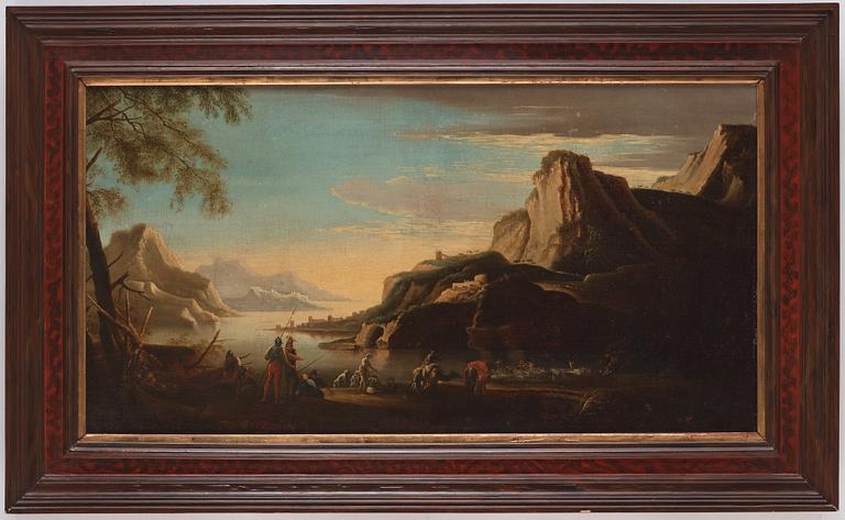 Bergslandskap med figurer vid vatten.