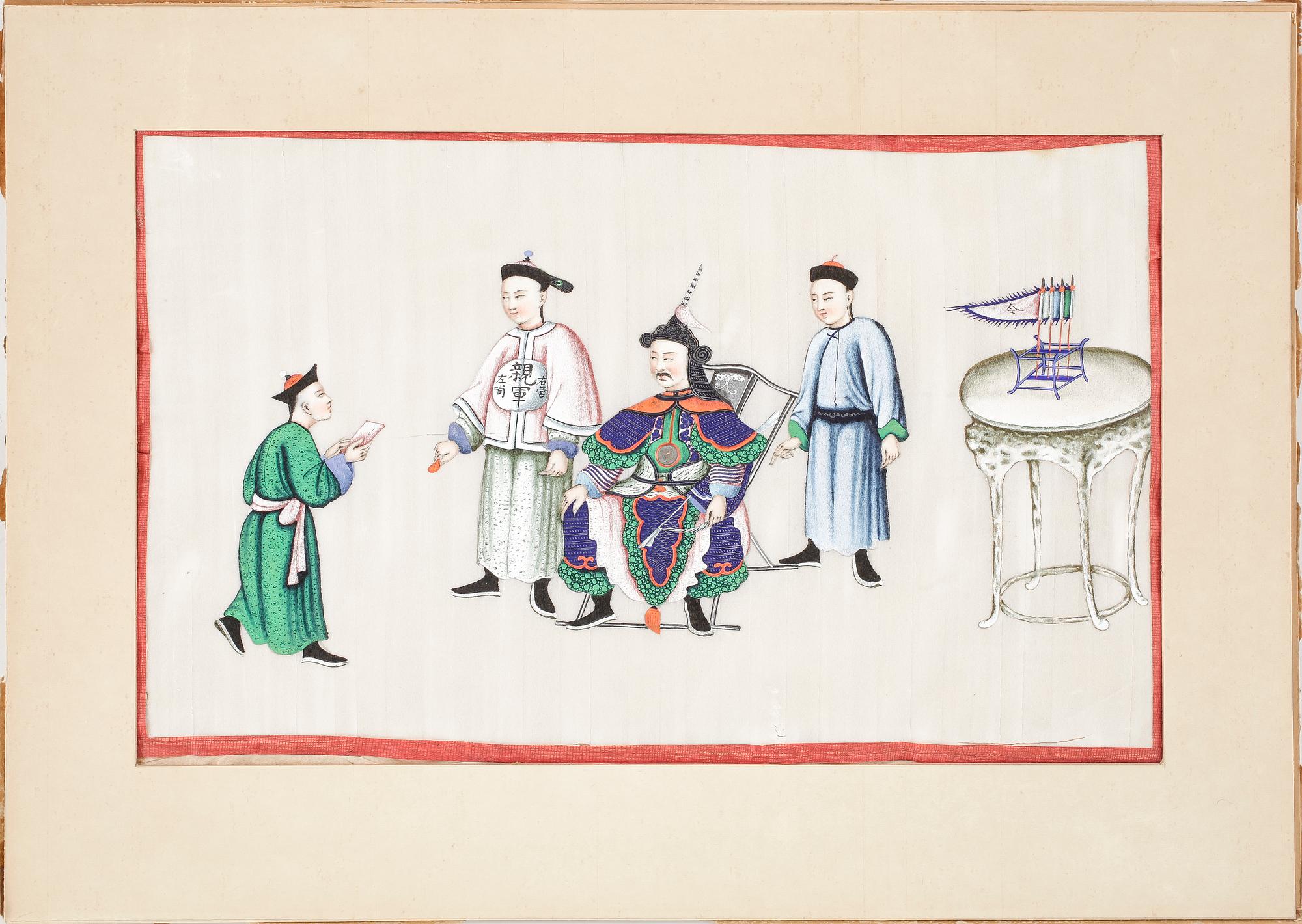 GOUACHER, på rispapper, 4 st, Qing, Kina.