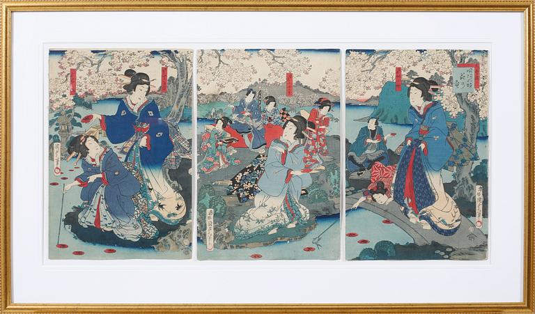 UTAGAWA KUNISADA KOCHORO TOYOKUNI III, träsnitt, 3 st, samramade.