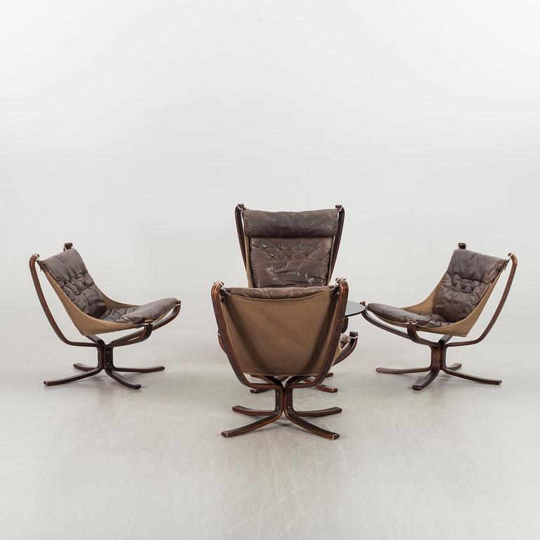 SIGURD RESSEL, four easy chairs and glas top coffee table "Falcon", Vatne Möbler Norway 1970's.
