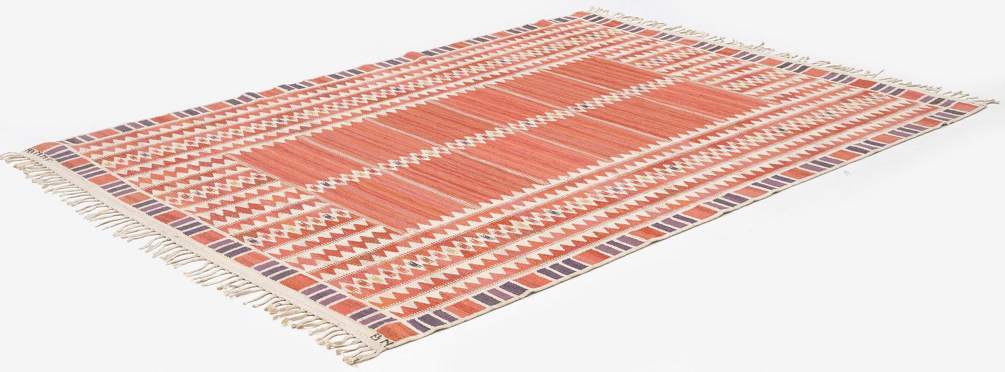 Barbro Nilsson, a carpet, 'Salerno röd', flat weave, c. 261 x 193 cm, signed AB MMF BN.