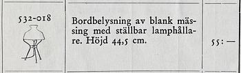 Bertil Brisborg, & Torsten Claeson (1893-1978), bordslampa, modell Triva "532-018", Nordiska Kompaniet, 1950-tal.