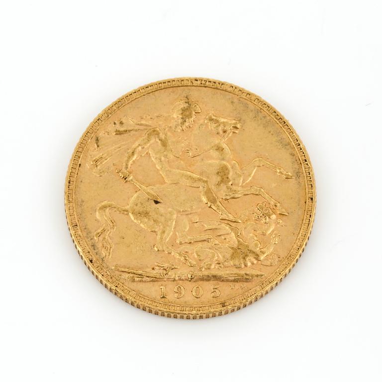 GULDMYNT, sovereign, Edward VII, Storbritannien, 1905. Vikt ca 8 gram.
