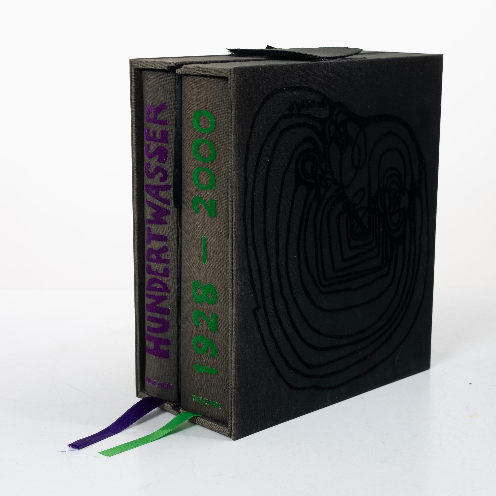 Friedensreich Hundertwasser, Books, 2 vols, 9790/10000, with accompanying colour etching, stamped signature and numbered 1004/2000. Taschen, 2000, Cologne.