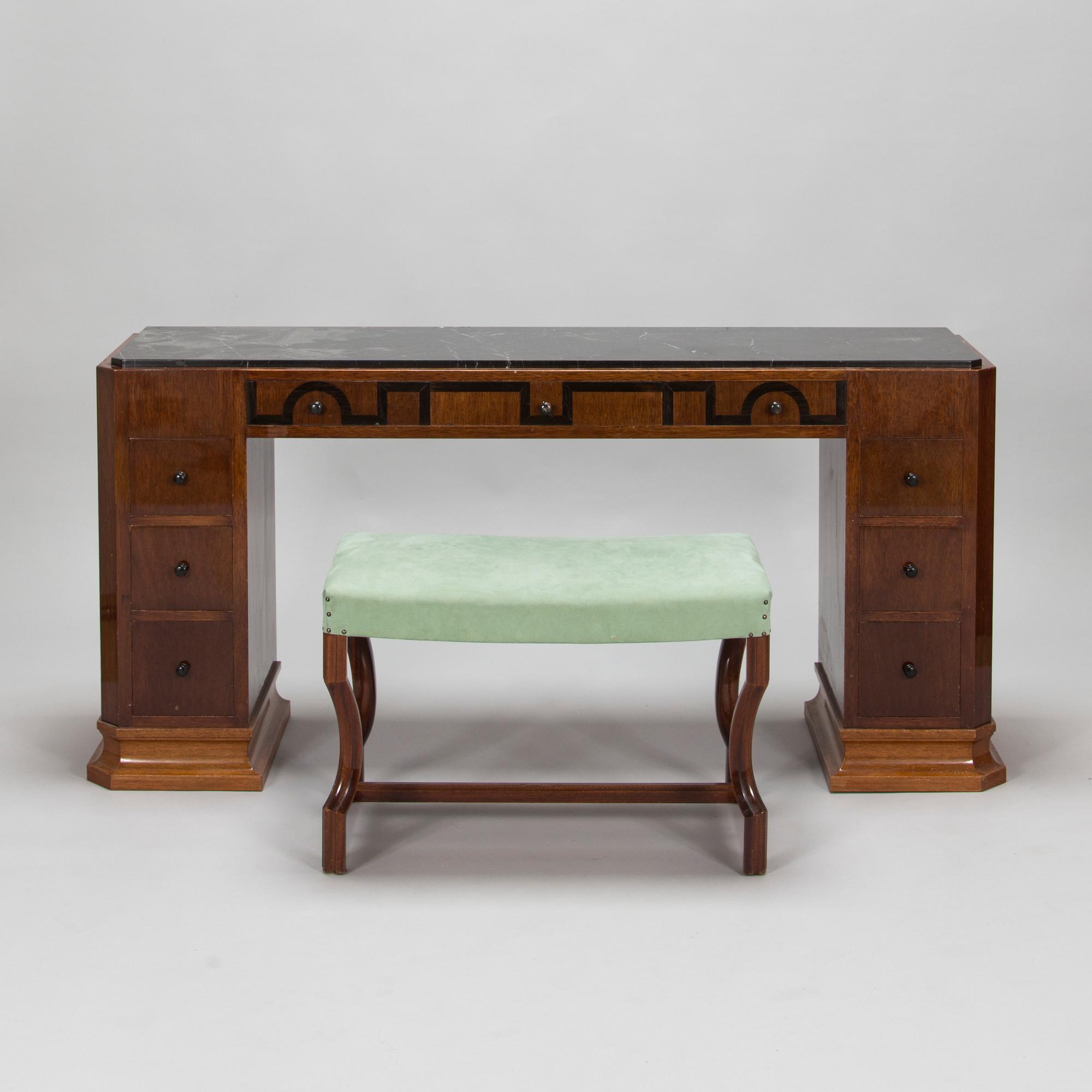 Birger Hahl, a 1920s Art Deco sidetable with drawers and a stool.