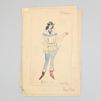 Seven costume sketches by César klein from Shakespears Twelfth Night, signed.