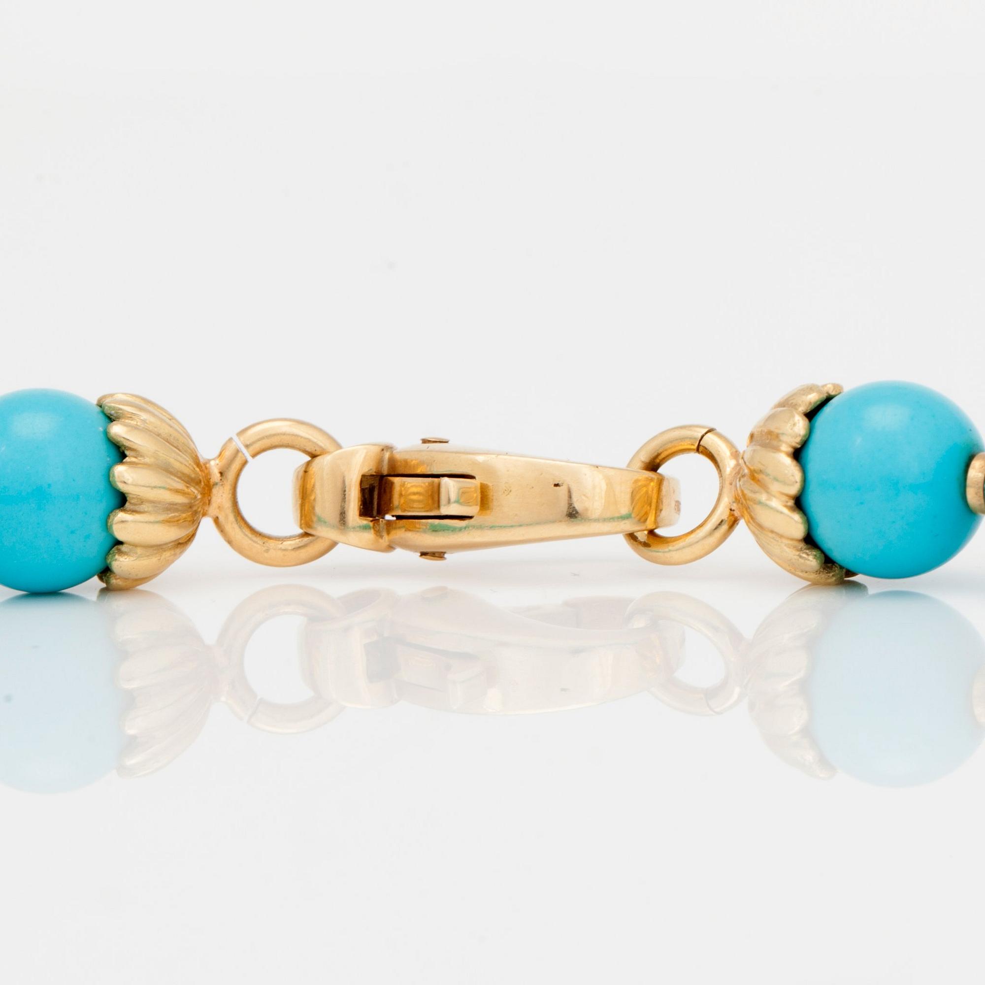 COLLIER med briljantslipade diamanter, snidad turkos samt turkoskulor.