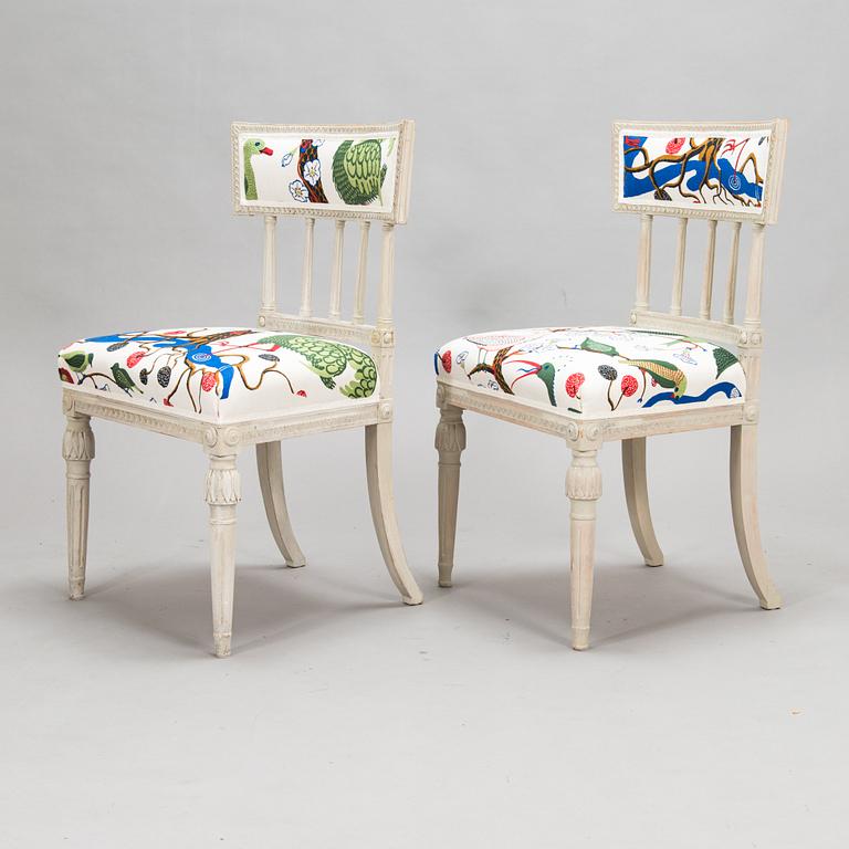 A set of six Late Gustavian chairs from around 1800, upholstery linen fabric designed by Josef Frank.