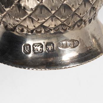 Sugar bowl, cream jug, tray, cup and miniature sugar tongs, silver, including William Mammatt & Son, Sheffield 1896.