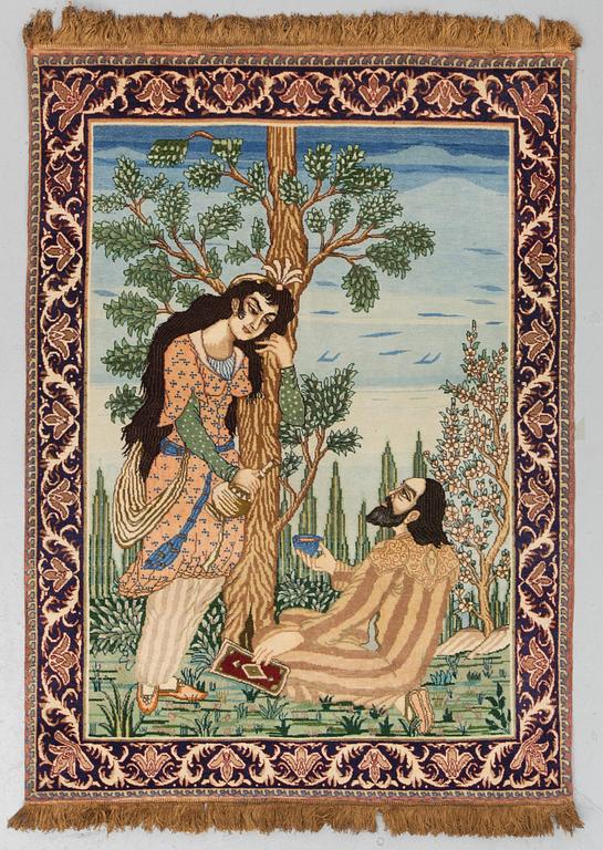 A RUG, old Tabriz figural, around 131 x 98 cm.