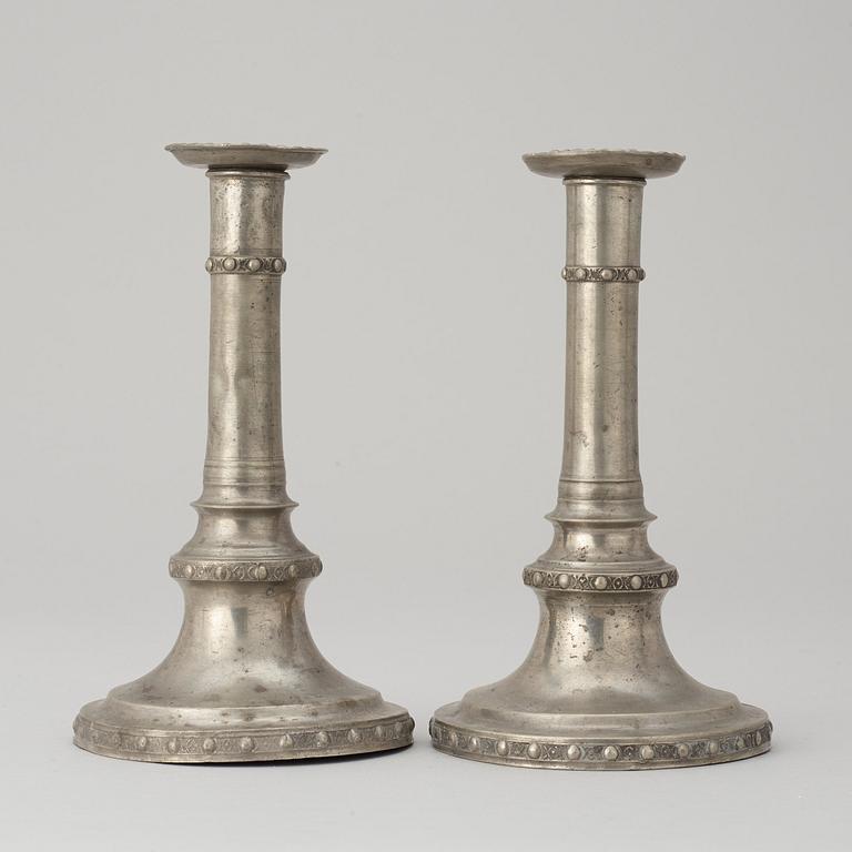 A pair of Gustavian pewter candlesticks by M Moberg 1786.